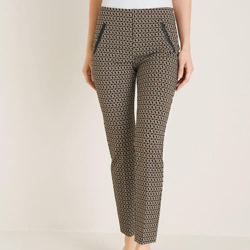 Chico's Black Tan and White Basketweave/Geometric Pattern Ankle Crop Pants - 2‎